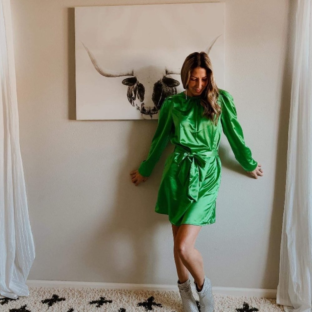 Women's Long Sleeve Belted A-Line Dress -A New Day™Green Size L New Without Tags